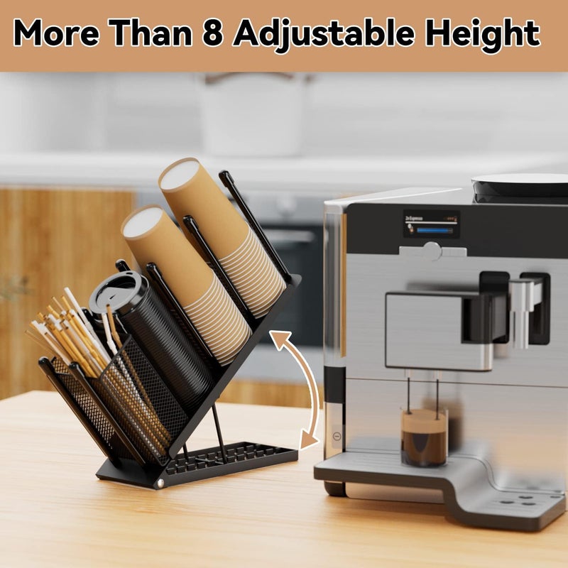 OVICAR Cup and Lid Holder - Adjustable Coffee Cup Holder Organizer 4 Compartment Disposable Cup Dispenser with Coffee Pod Straw Storage Basket for Coffee Station Bar Countertop Breakroom Metal Black - Image 2